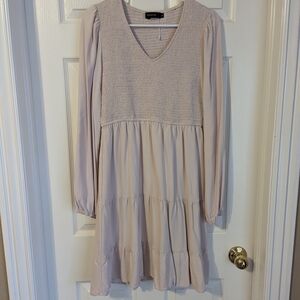 Pink Long Sleeve Tiered Sundress with V-Neck